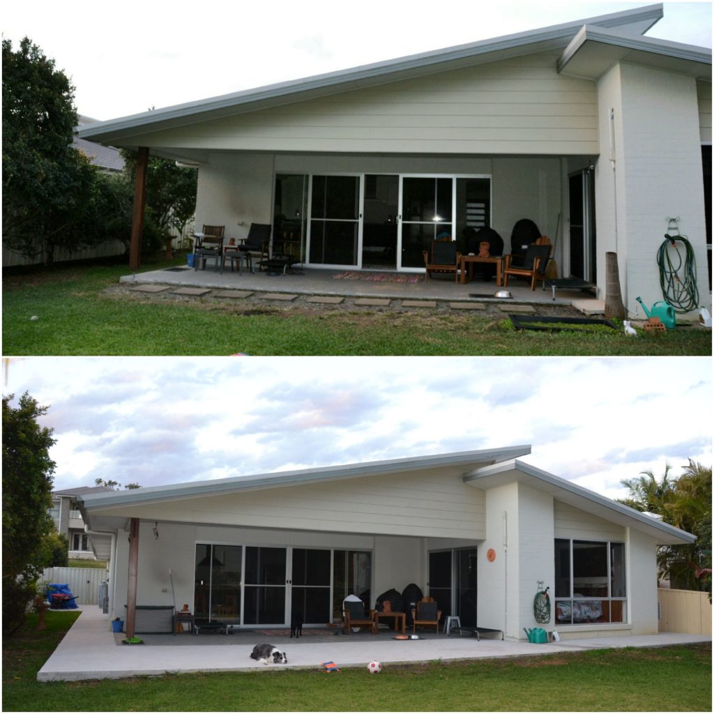 Before and after concreting the back patio (south side of the house)